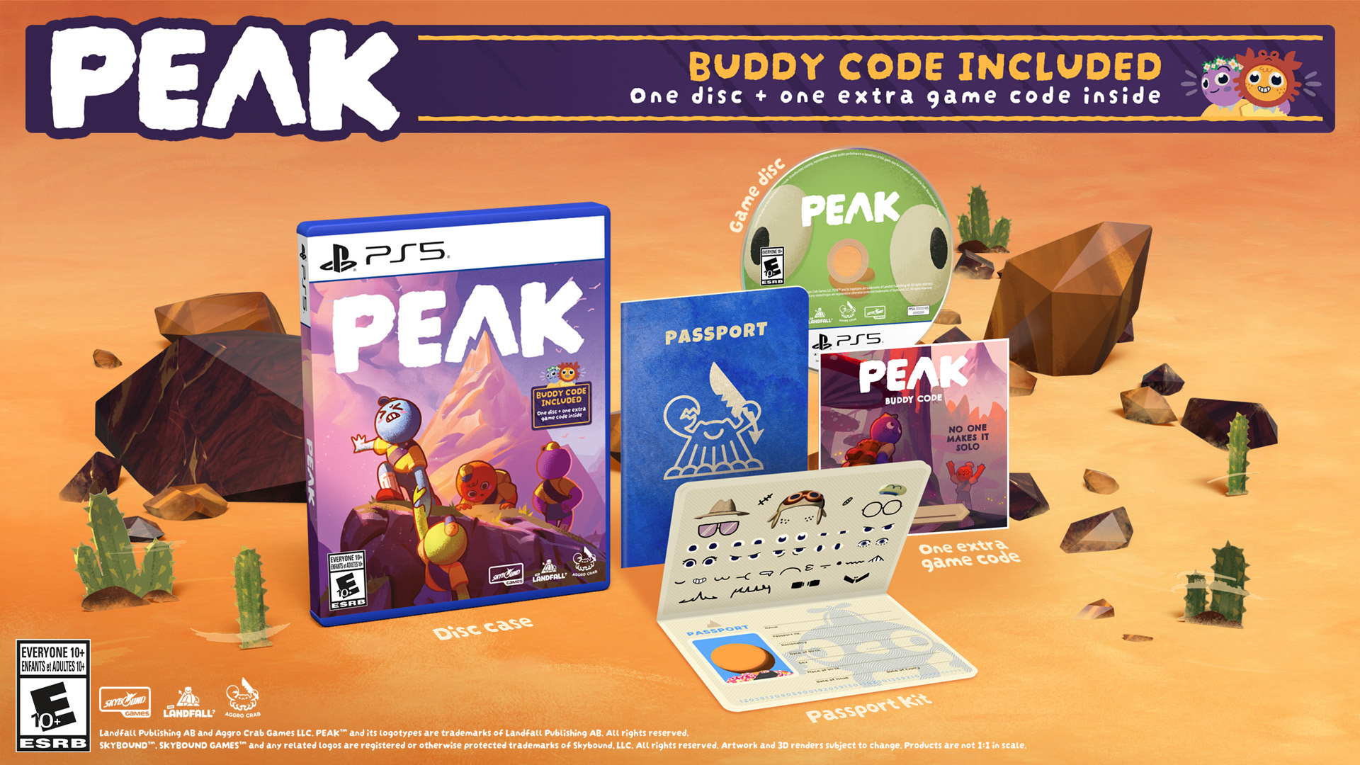 Contenu de l'édition physique de PEAK sur PlayStation 5 : boîte, disque, passeport de scout et code de téléchargement supplémentaire