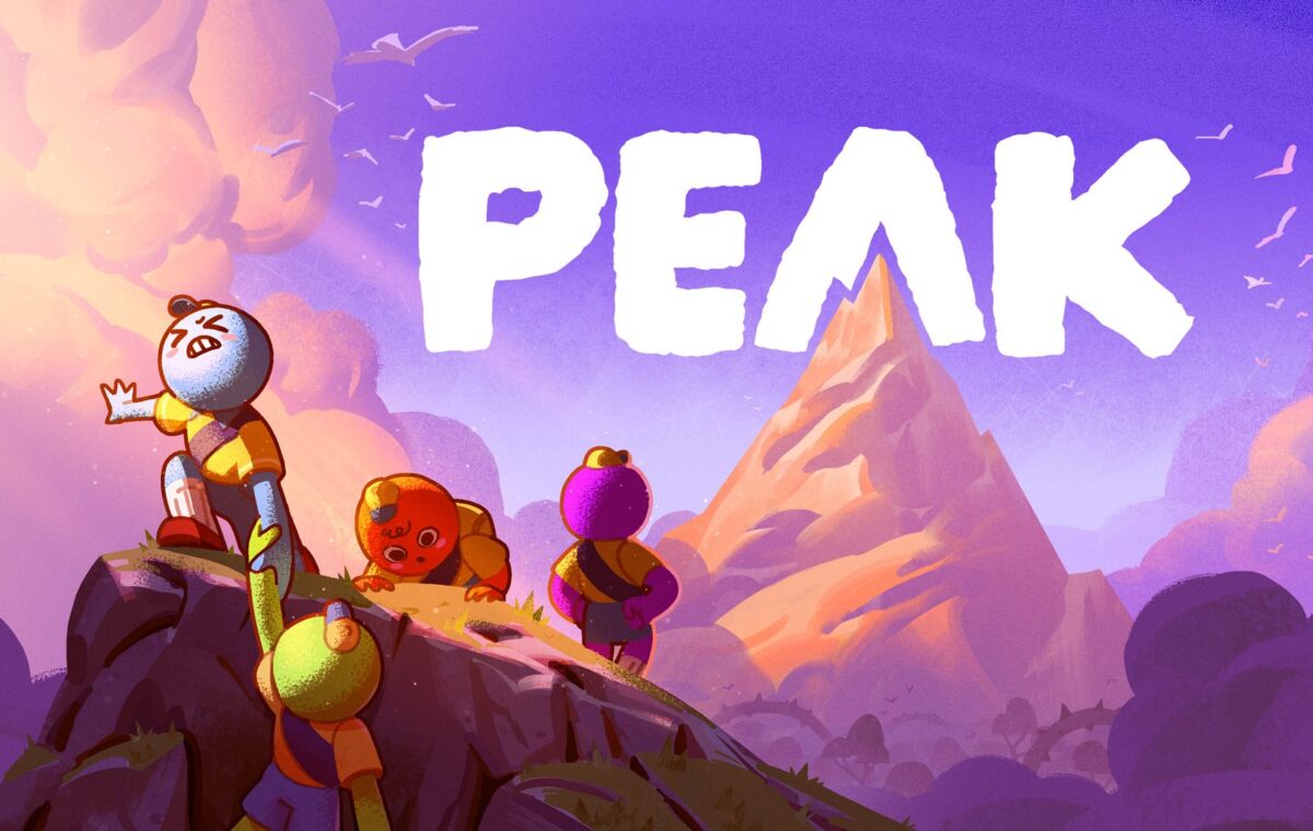 Quatre scouts de PEAK escaladant un rocher, avec le logo du jeu et une montagne en arrière-plan