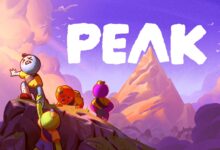 Quatre scouts de PEAK escaladant un rocher, avec le logo du jeu et une montagne en arrière-plan