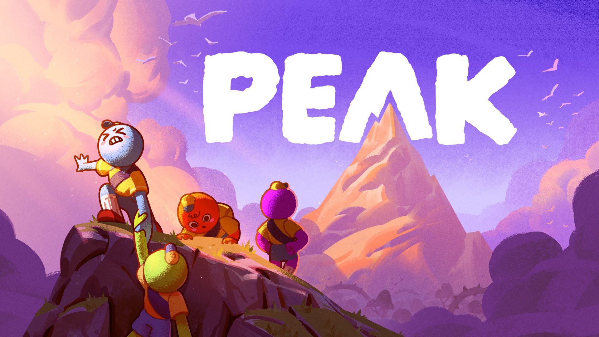Quatre scouts de PEAK escaladant un rocher, avec le logo du jeu et une montagne en arrière-plan